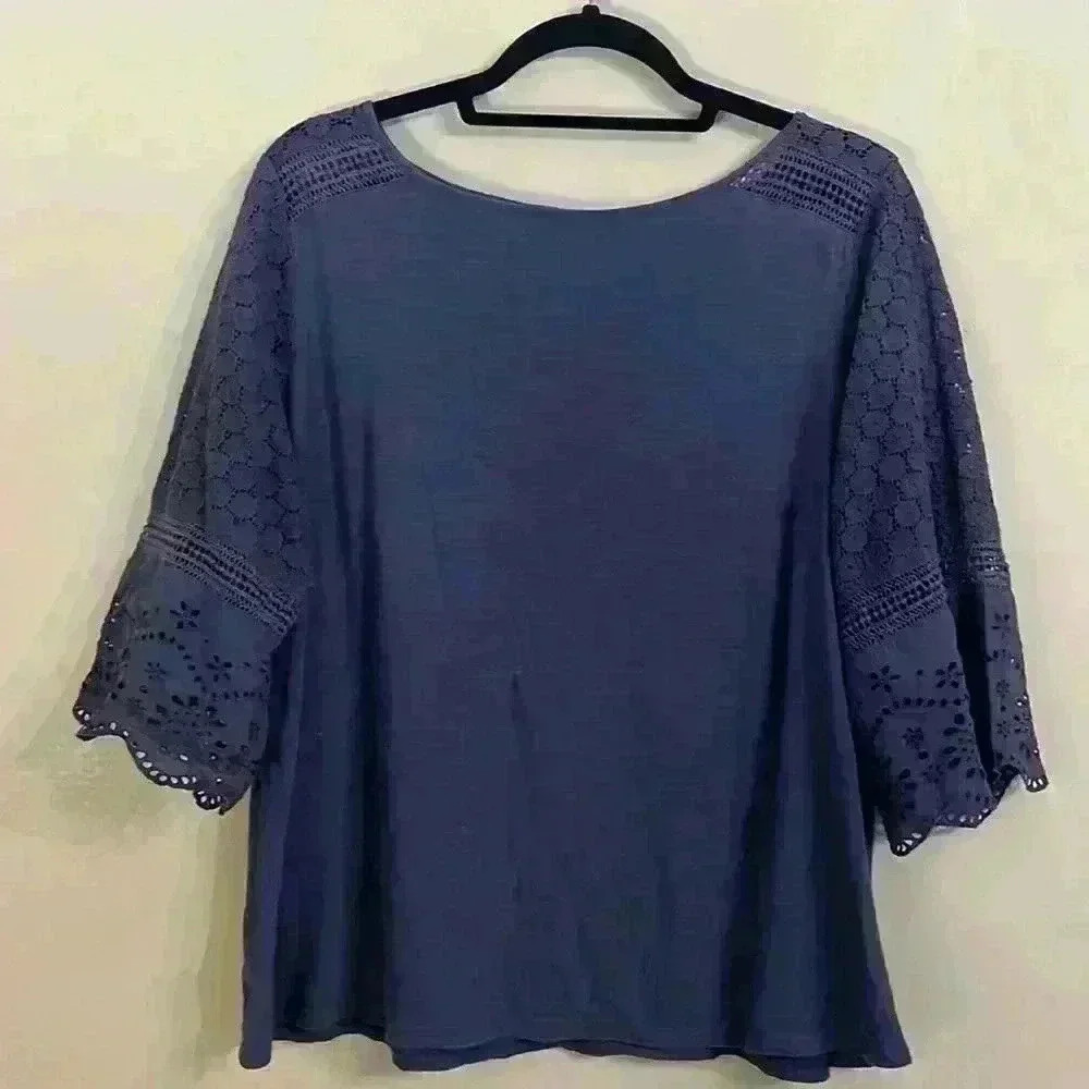 Loft Eyelet Sleeve Blue Blouse Size M 100% Cotton